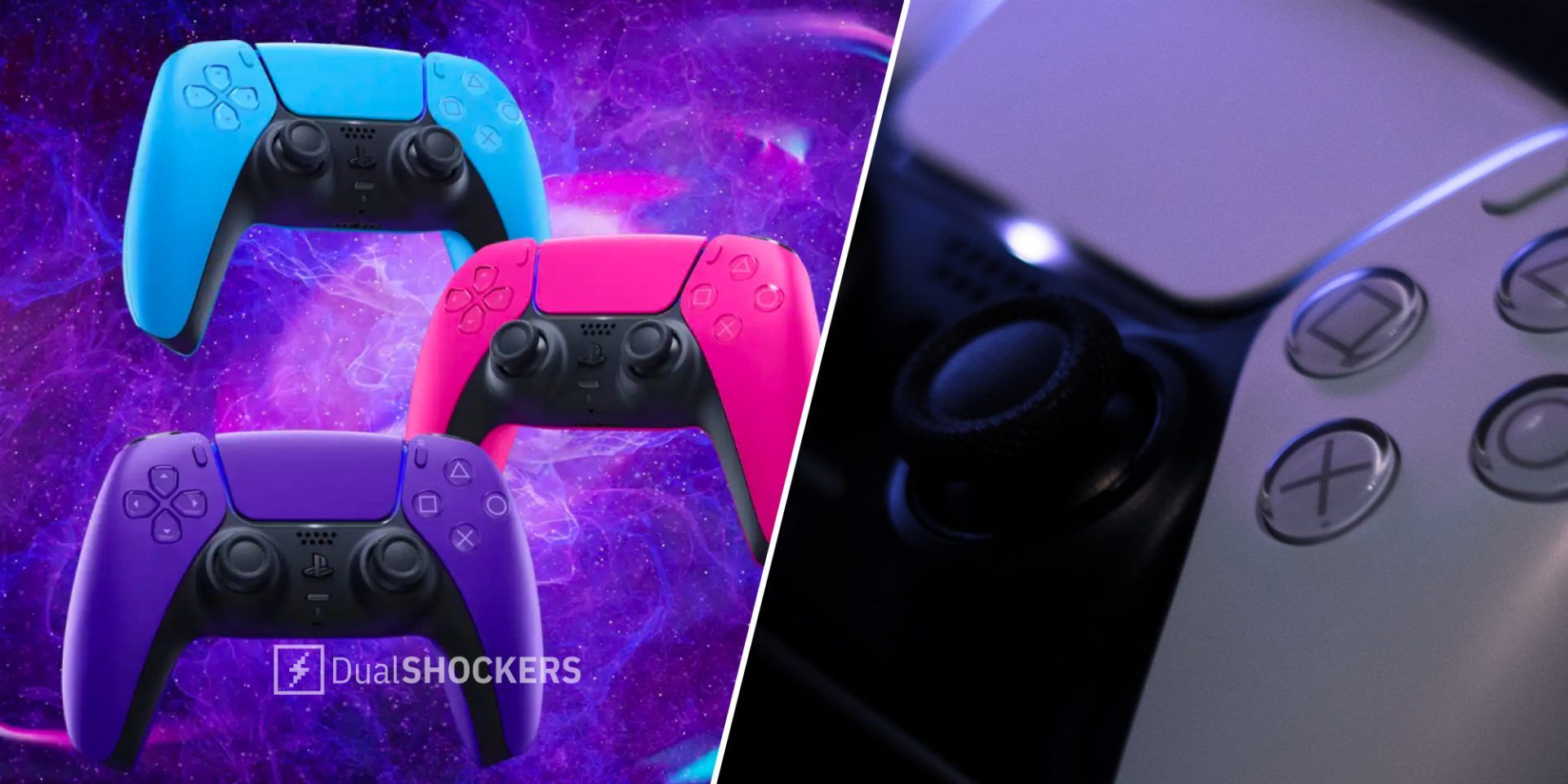 Playstation 5 DualSense controllers in blue, pink, and purple on left, PS5 DualSense controller in white on right