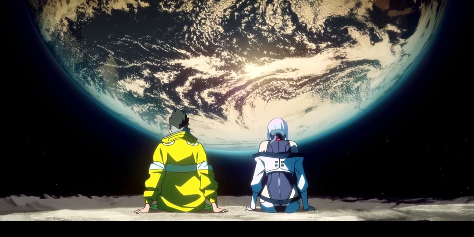 Cyberpunk 2077 anime Edgerunners sit on the moon watching the Earth