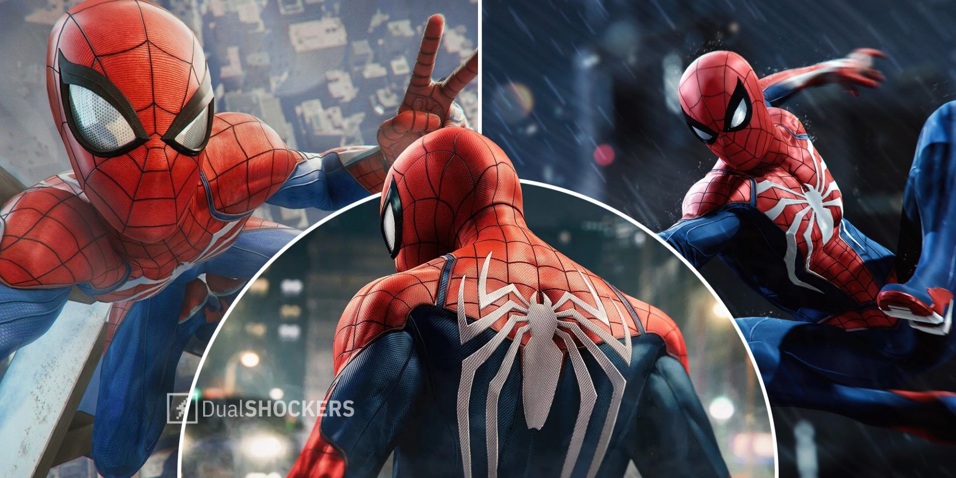 Spider-Man posing on the edge of a building on left, Spider-Man with his back shown in middle, Spider-Man flying through the sky on right
