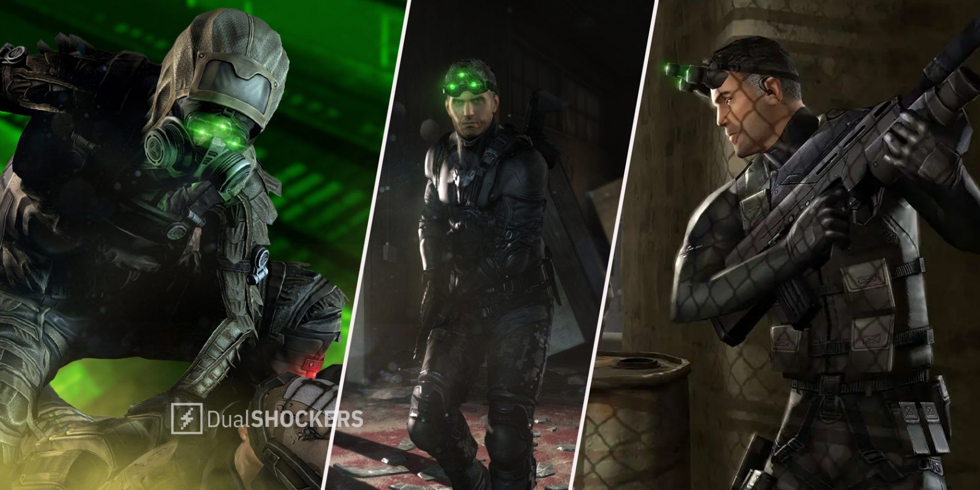 Splinter Cell Sam Fisher in night vision on left, Sam standing with night vision in middle, Sam Fisher looking around a corner with a rifle on right