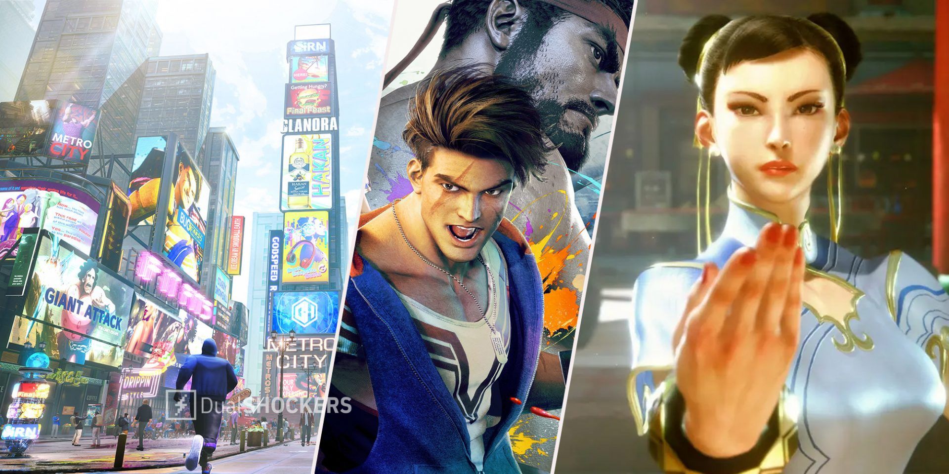 Street Fighter 6 open world city area on left, Street Fighter Andy Wong in middle, Chun-Li on right