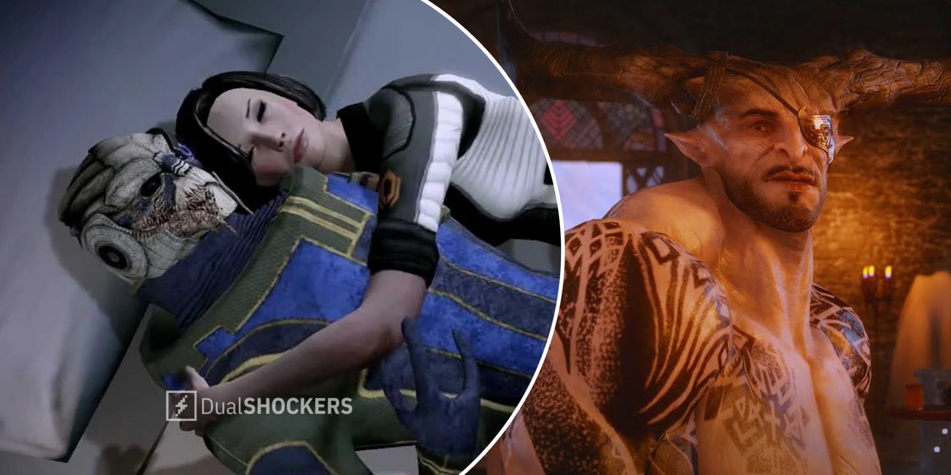 Mass Effect Garrus on left, Dragon Age Iron Bull on right