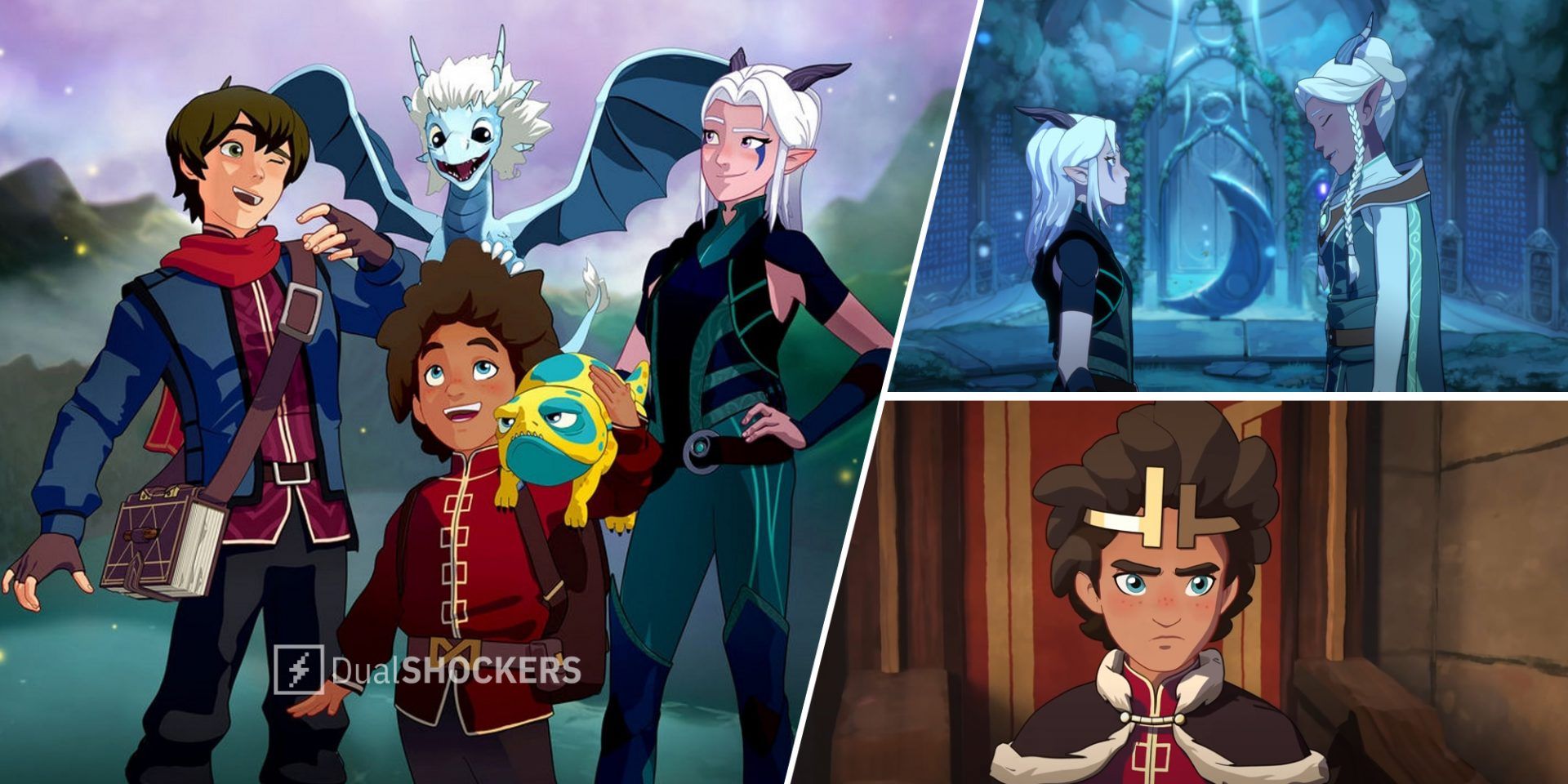 The Dragon Prince characters Callum, Ezran, and Rayla on left, Rayla and Aaravos on top right, Ezran on bottom right