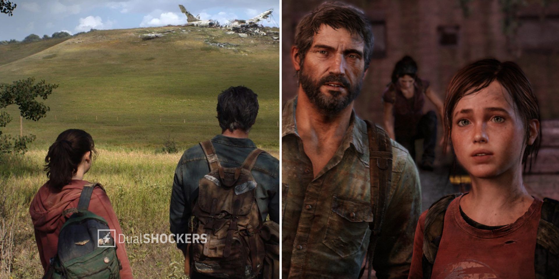 The Last of Us Ellie played by Bella Ramsey and Joel played by Pedro Pascal on left, Joel and Ellie from the Last of Us video game on right