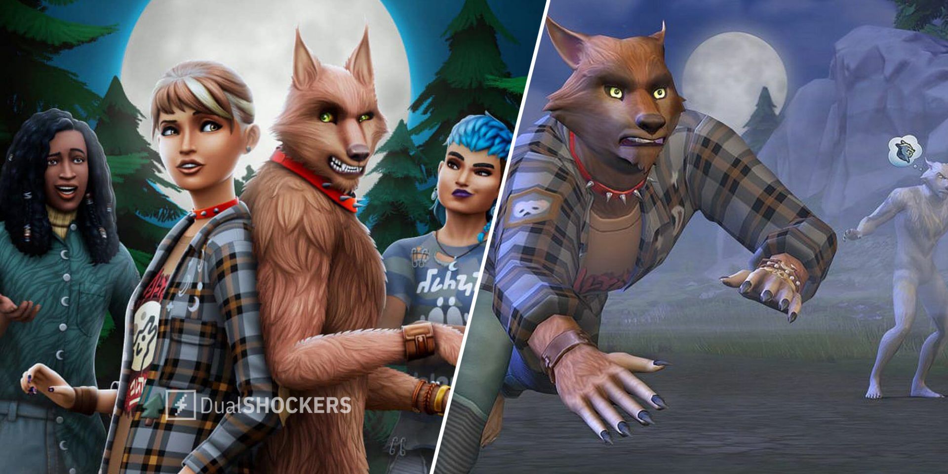 The Sims 4 Werewolves Pack characters on left, werewolf running on right