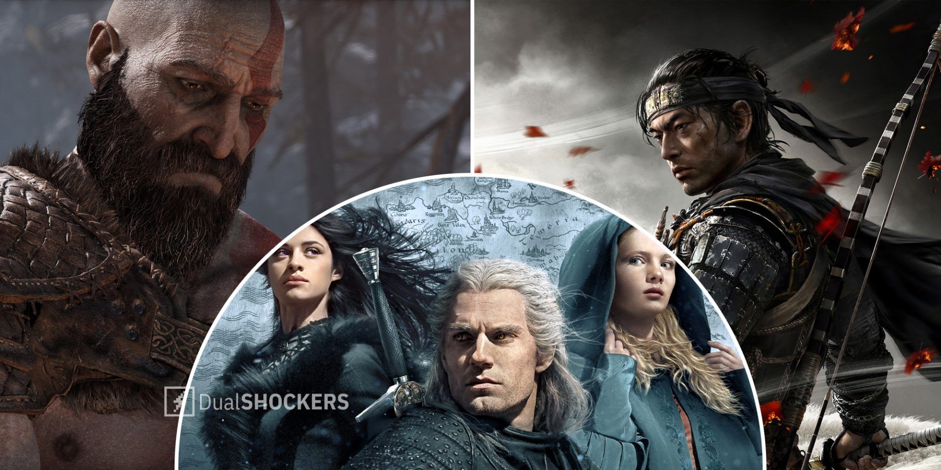 God of War Kratos on left, The Witcher characters in middle, Ghost of Tsushima Jin Sakai on right