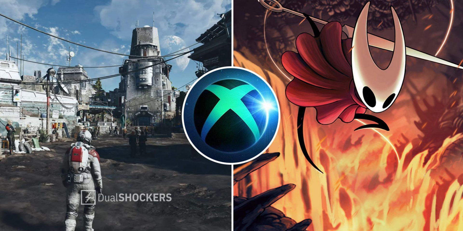 Starfield new game by Bethesda on left, Xbox showcase logo in middle, Hollow Knight Silksong new game on right