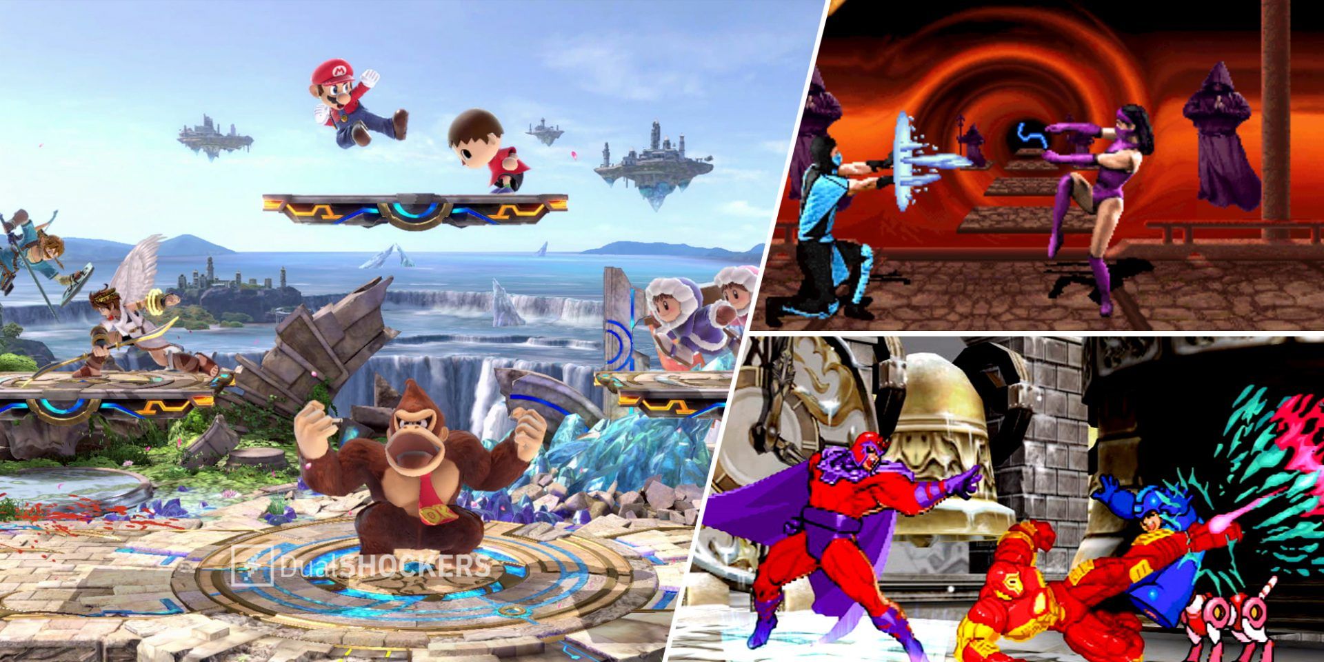 Super Smash Bros. Ultimate on left, Mortal Kombat 2 on top right, Marvel vs Capcom 2 on bottom right