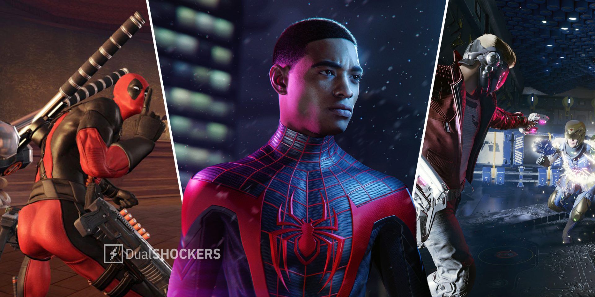 Deadpool on left, Marvel's Spider-Man: Miles Morales in middle, Marvel's Guardians of the Galaxy on right