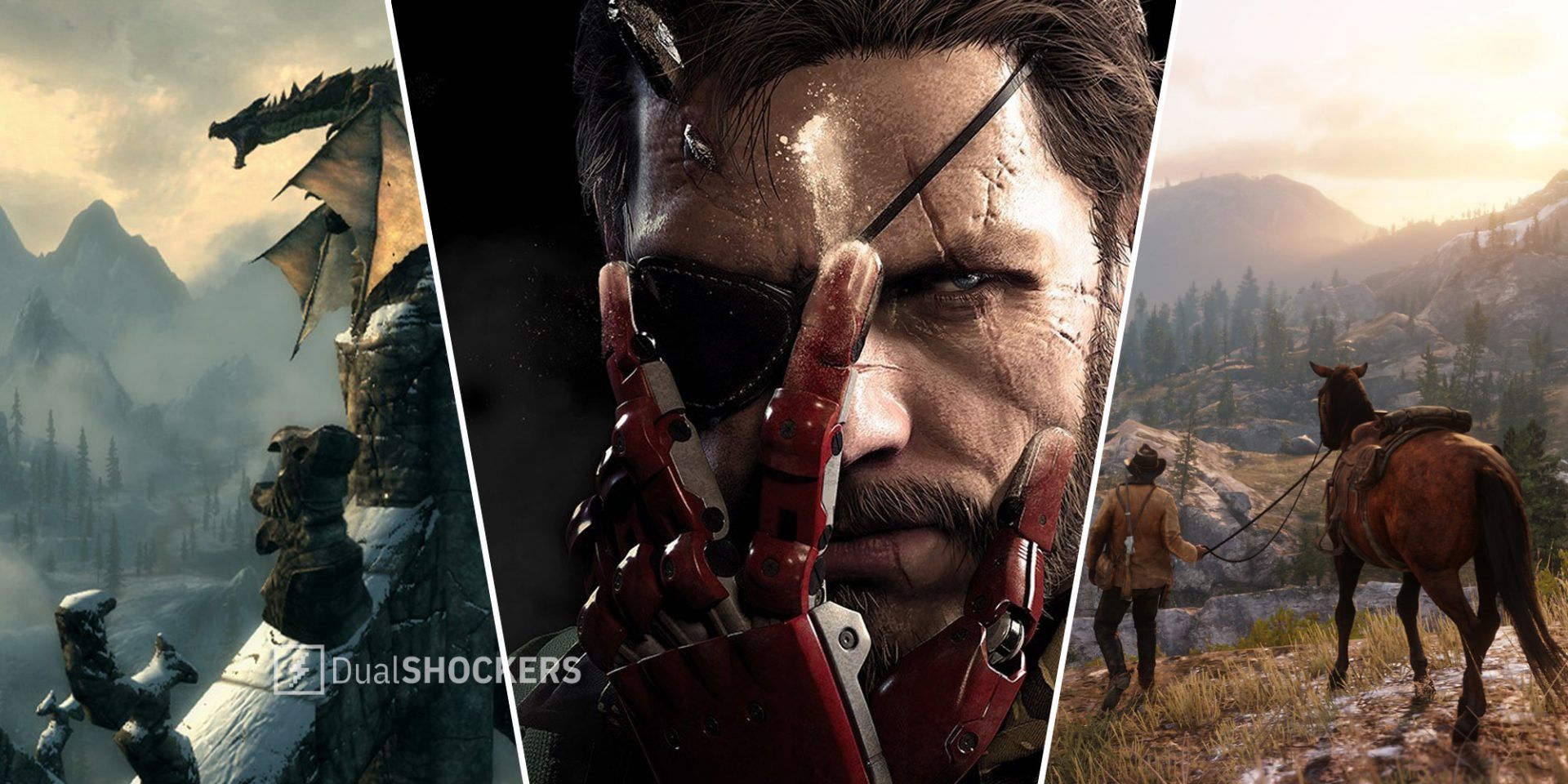The Elder Scrolls V Skyrim on left, Metal Gear Solid V: The Phantom Pain in middle, Red Dead Redemption 2 on right