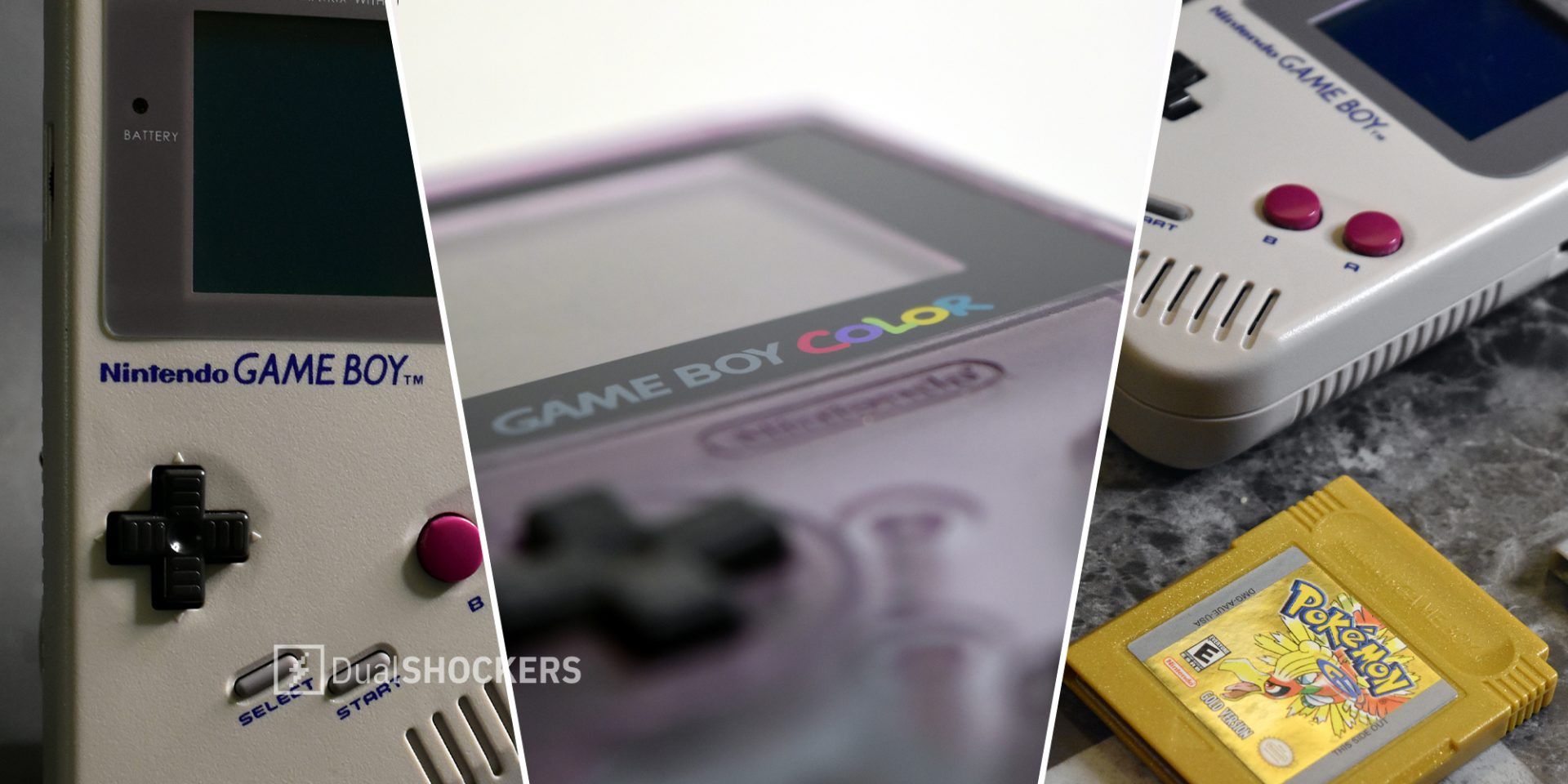 Nintendo Game Boy DMG on left, Game Boy Color Atomic Purple close up in middle, Game Boy with Pokemon Gold game on right