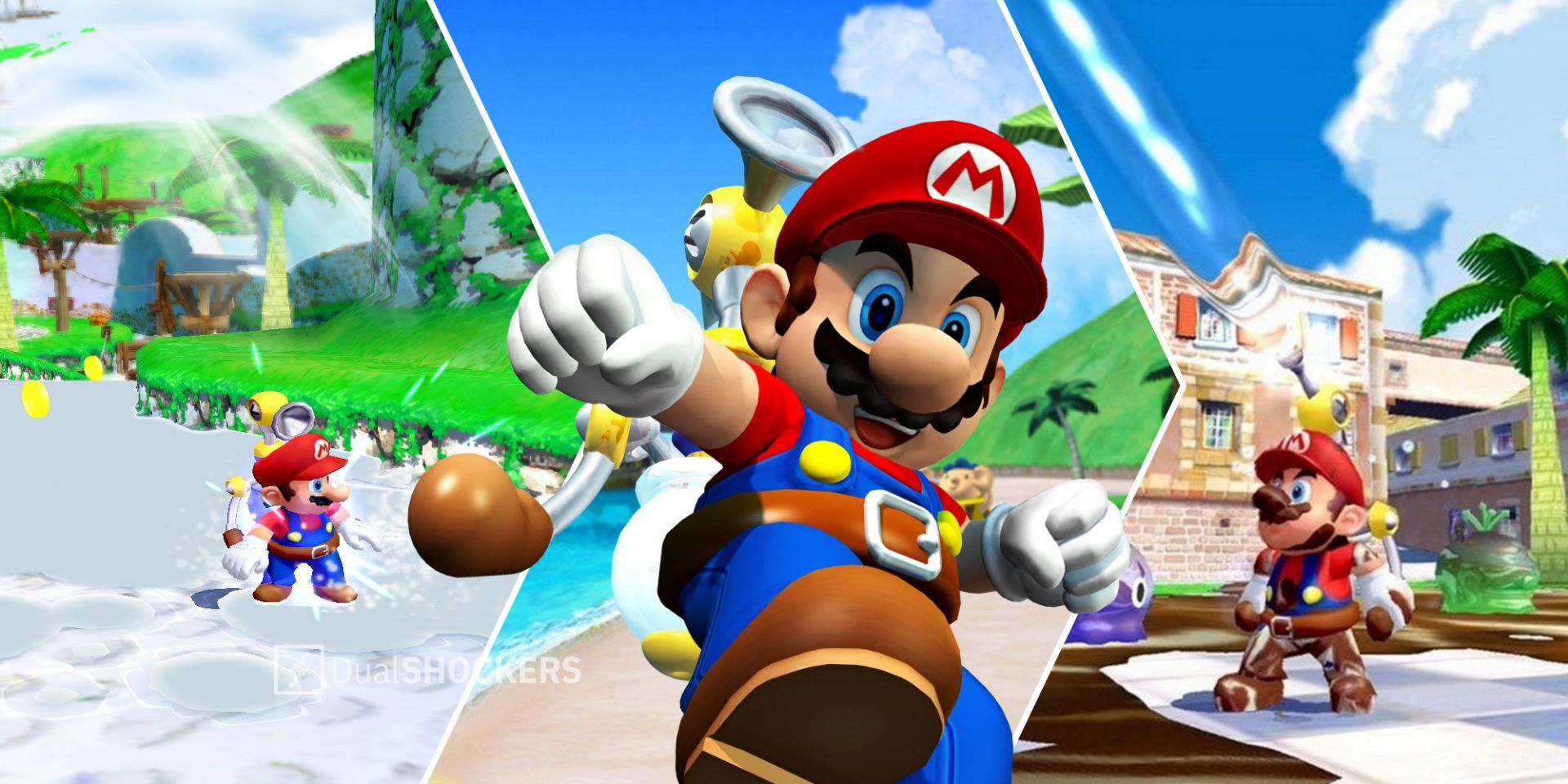 Super Mario Sunshine Mario standing in a stream on left, Mario promo image in middle, Mario covered in paint on right
