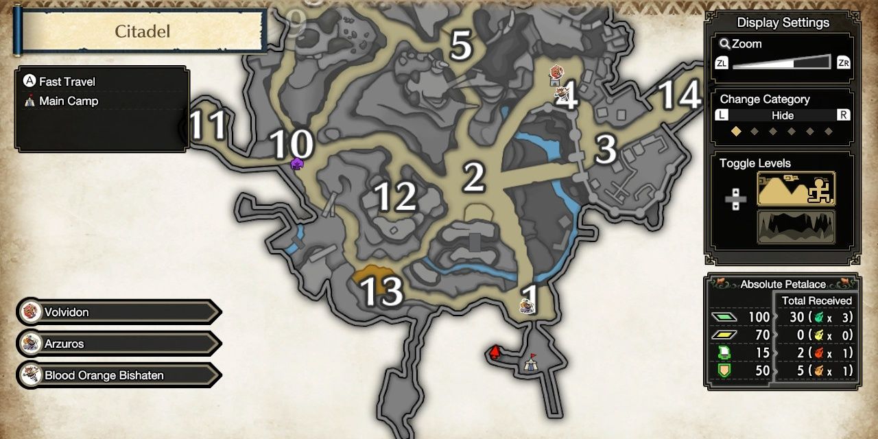 The map of the Citadel location in the Monster Hunter Rise Sunbreak DLC, using the player's location to highlight the location of Jewel Lilies.