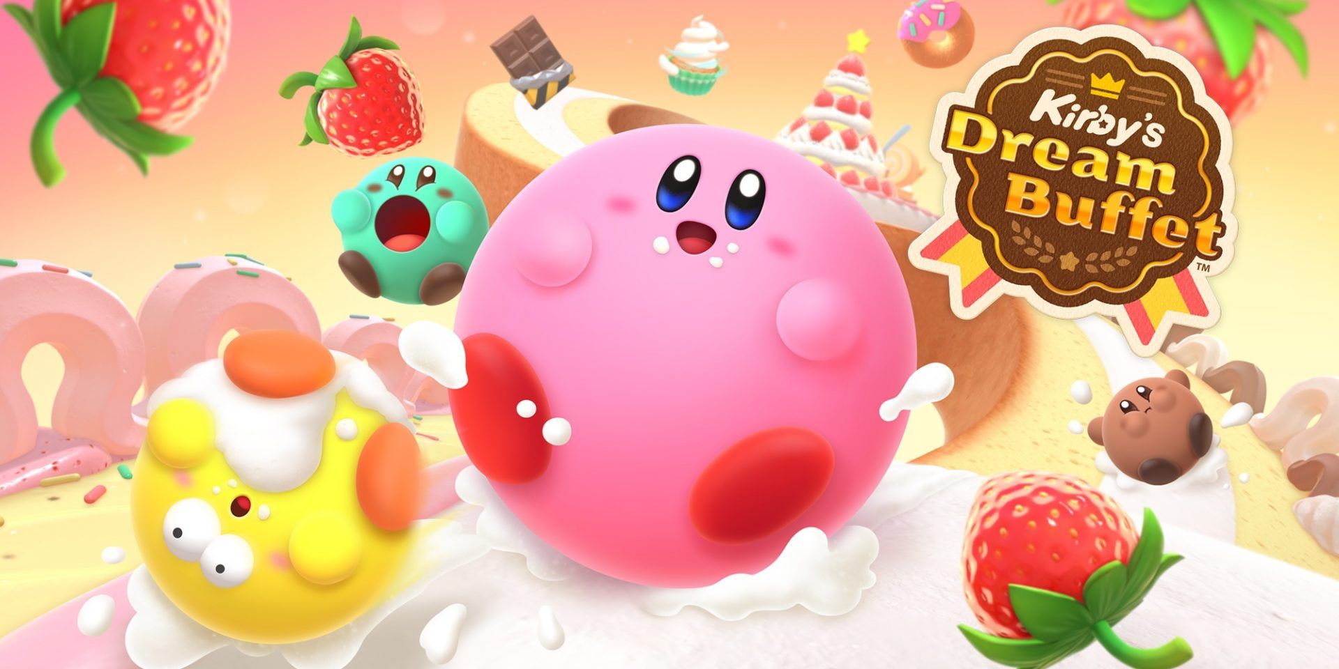 Several differently-colored Kirbys rolling around on a cake in official Kirby's Dream Buffet art
