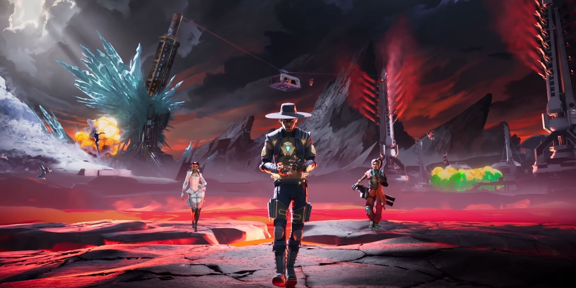 Apex Legends Seer, Loba, And Rampart In A Squad Walking Toward Screen