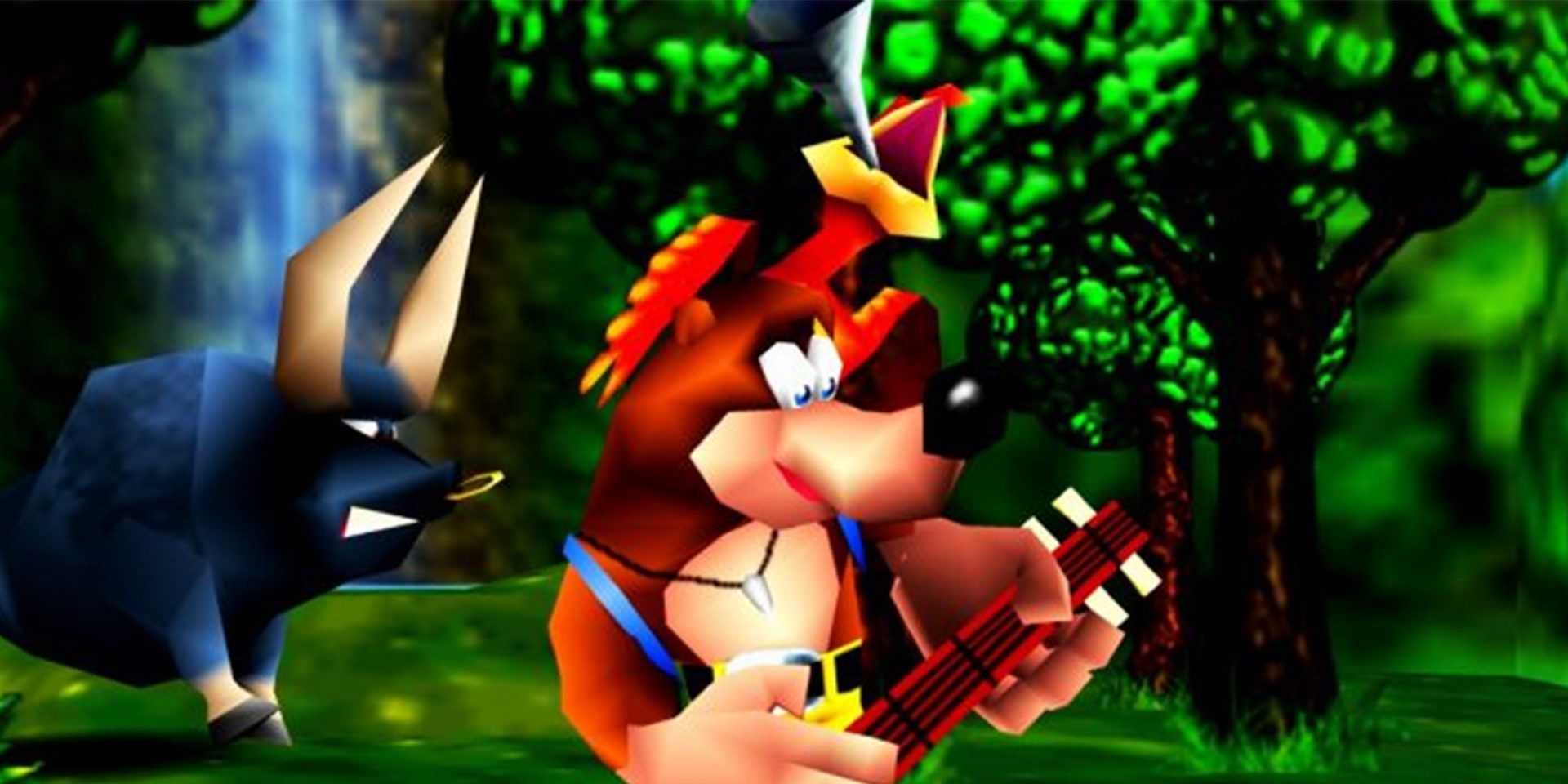 Banjo Playing A Banjo And Kazooie Playing A Kazoo While A Bull Runs In The Background