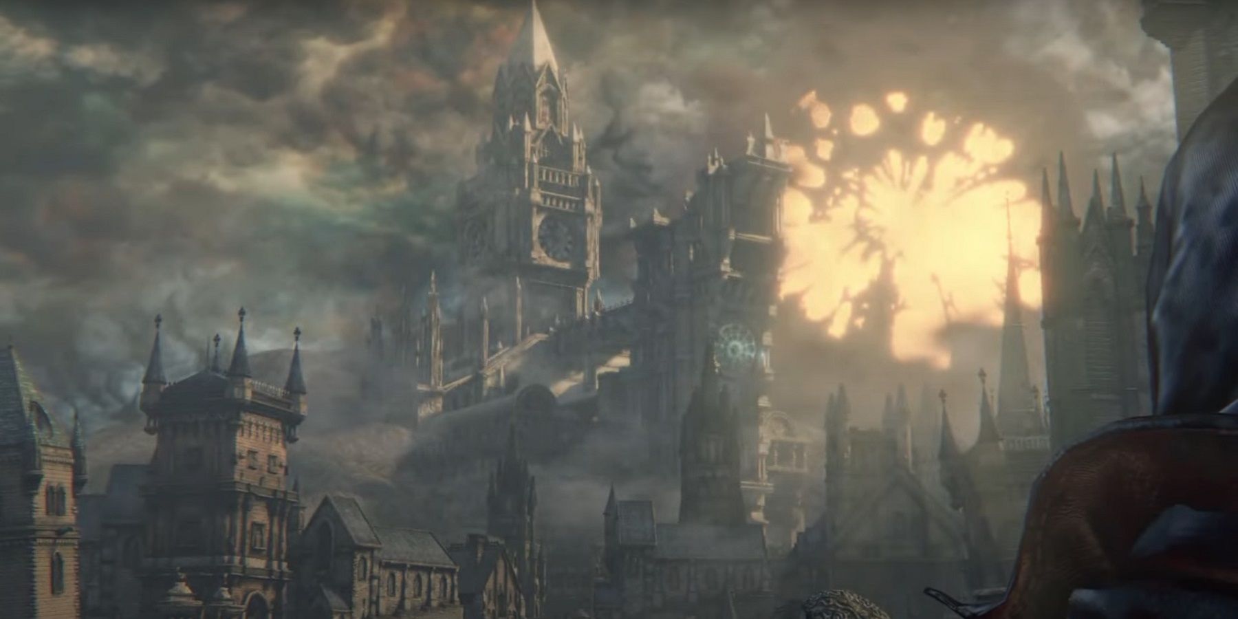 Bloodborne Hunter's Nightmare staring across city at clocktower