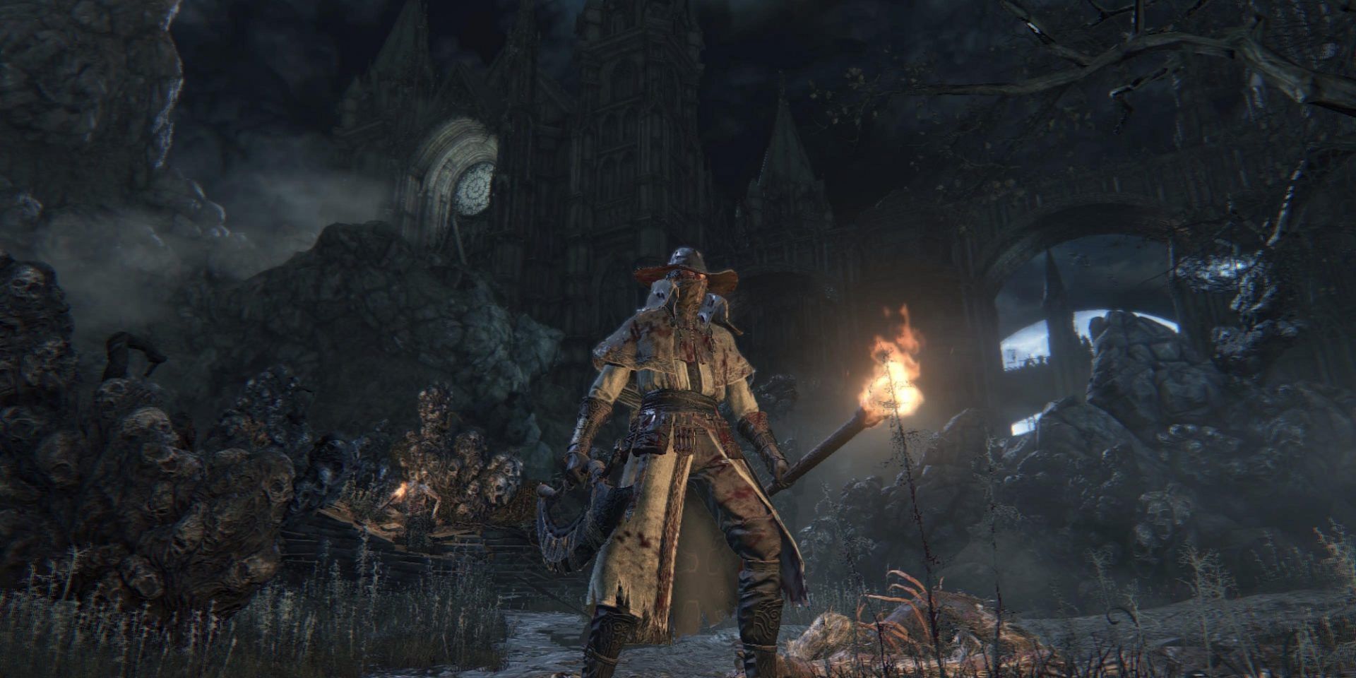 Bloodborne Nightmare of Mensis hunter standing in front of castle