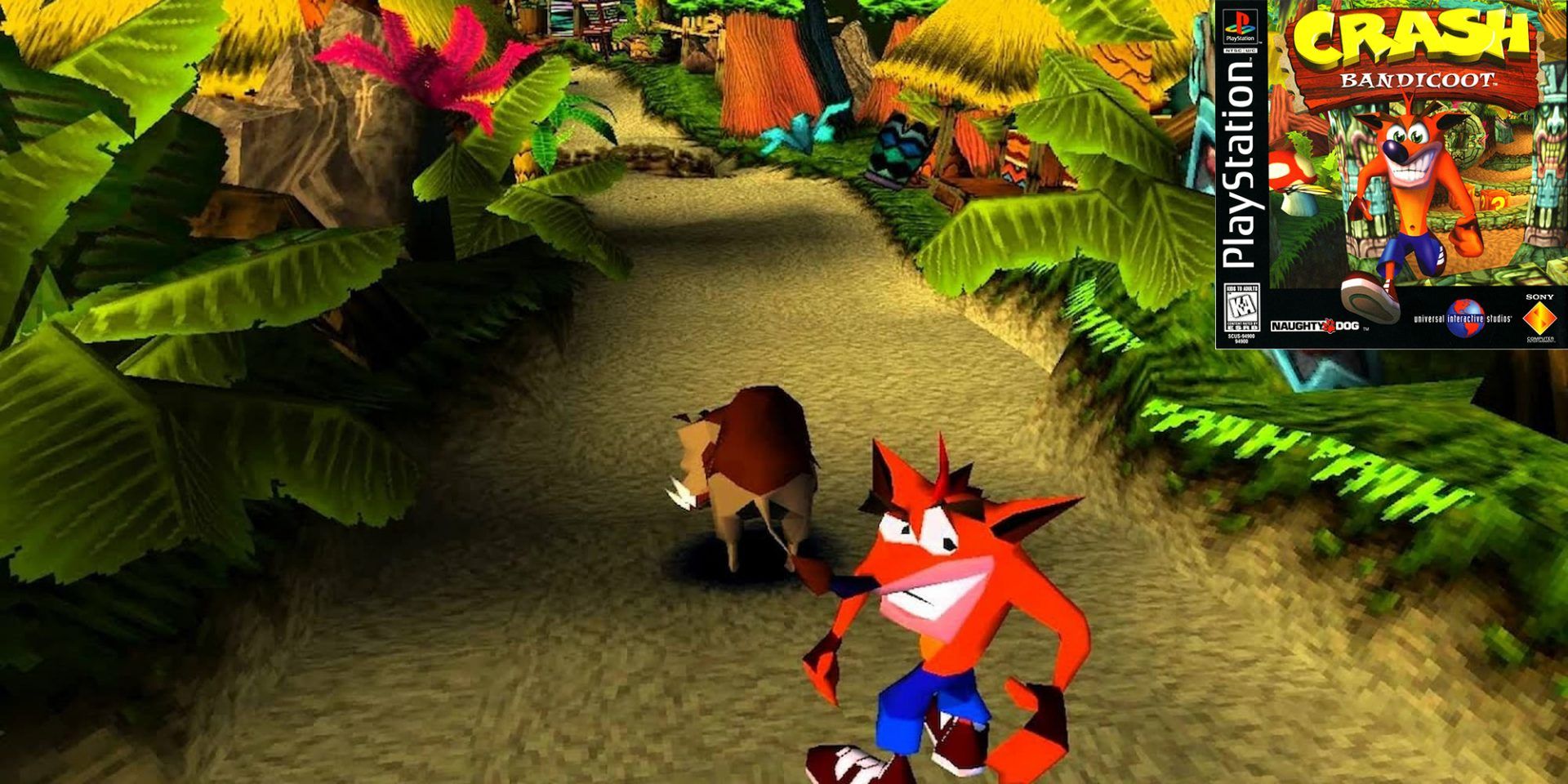 Screenshot from Crash Bandicoot PS1, with the game's cover in the top right corner.