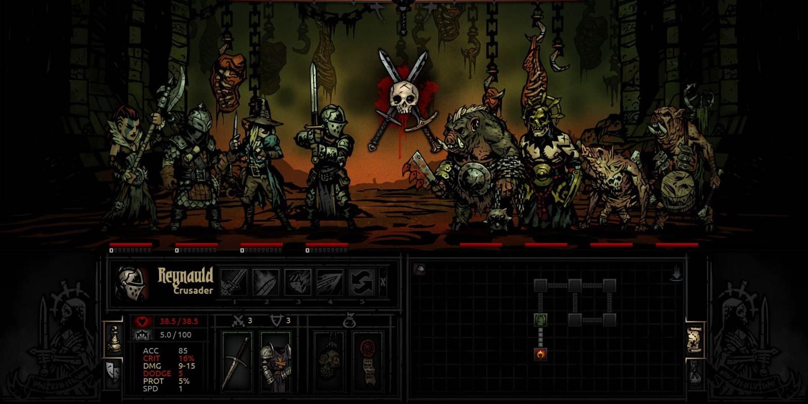 A group of adventurers facing off against swines and cultists in Darkest Dungeon.