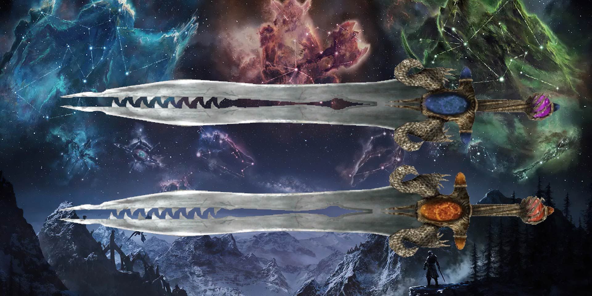 The Elder Scrolls V: Skyrim weapons Dawnfang and Duskfang.