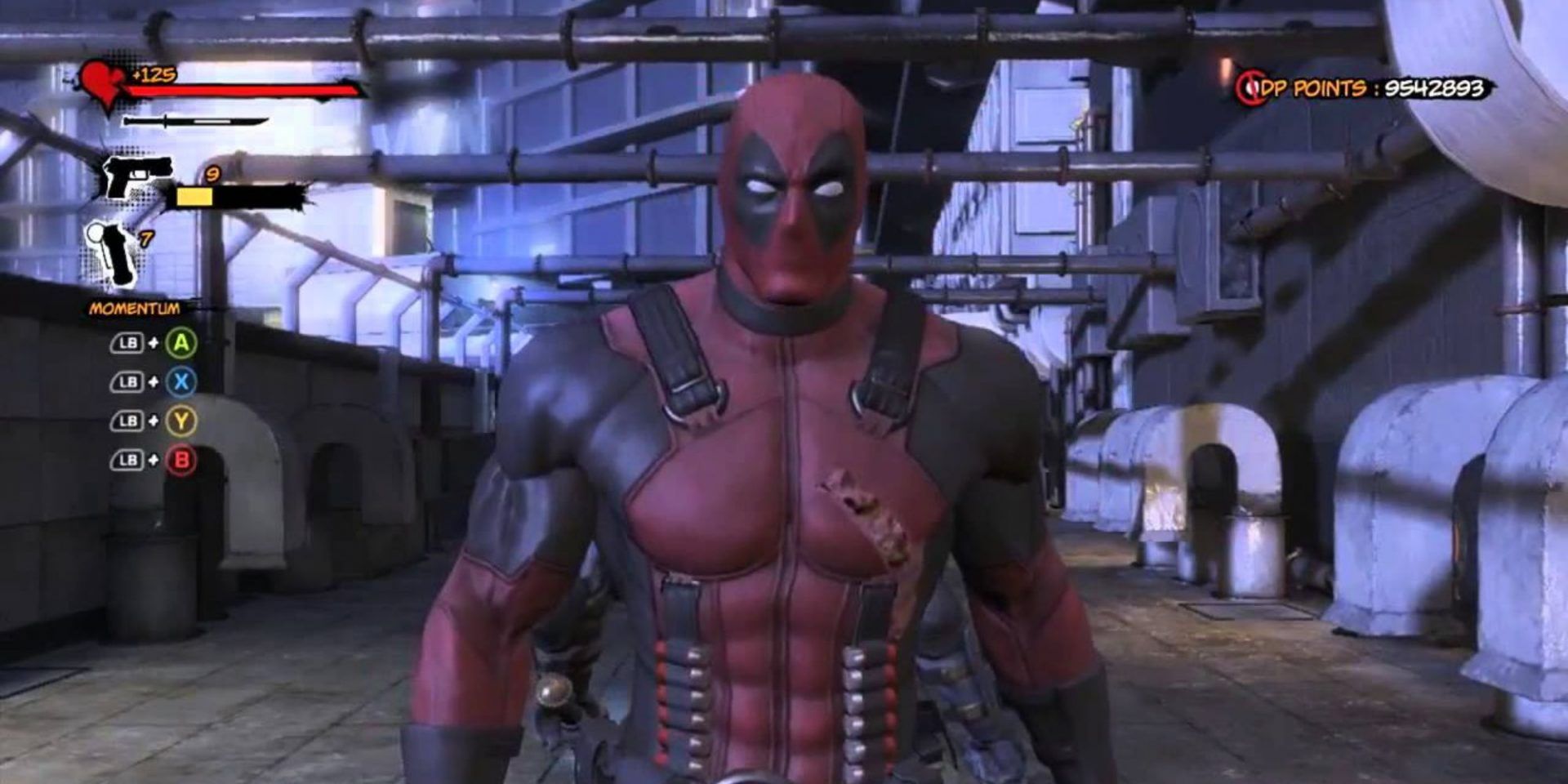 Deadpool stares down the player breaking the fourth wall