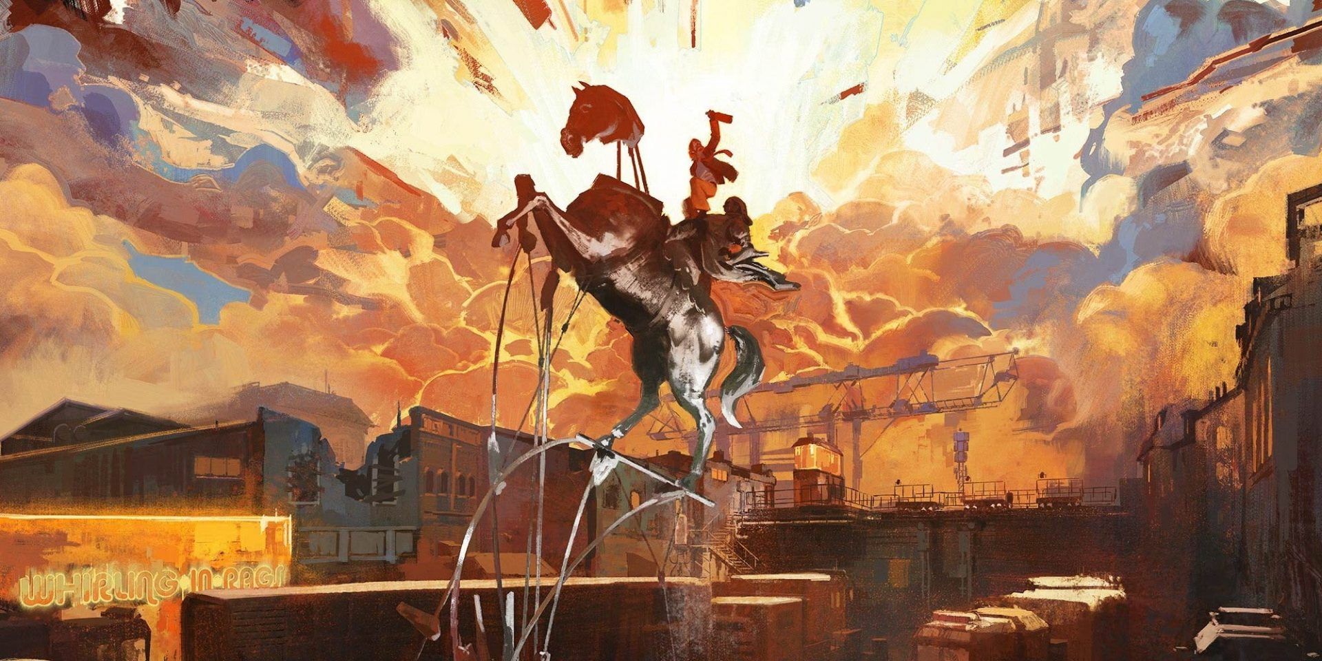 The statue of King Filippe III from Disco Elysium. A blown apart statue stands reconstructed against a gorgeous sunset.