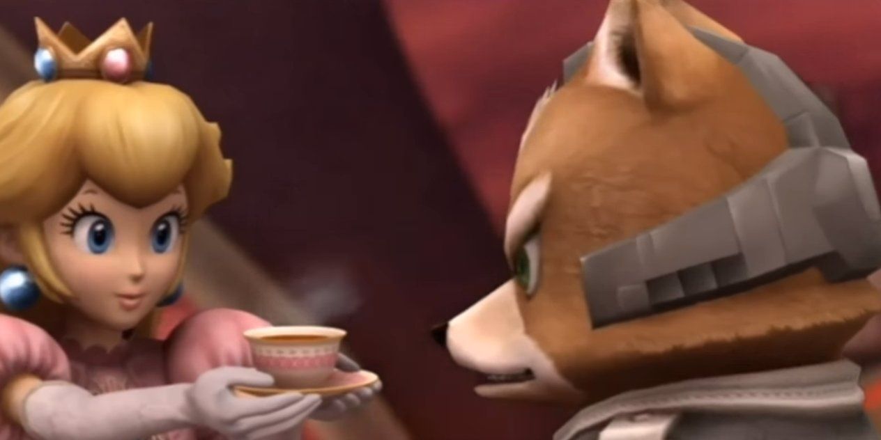 Princess Peach offering Fox McCloud some tea during one of the cutscenes in the Subspace Emissary story mode of Super Smash Bros. Brawl.