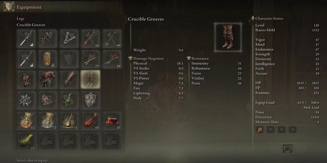 Elden Ring screenshot inventory screen showing various pieces of equipment
