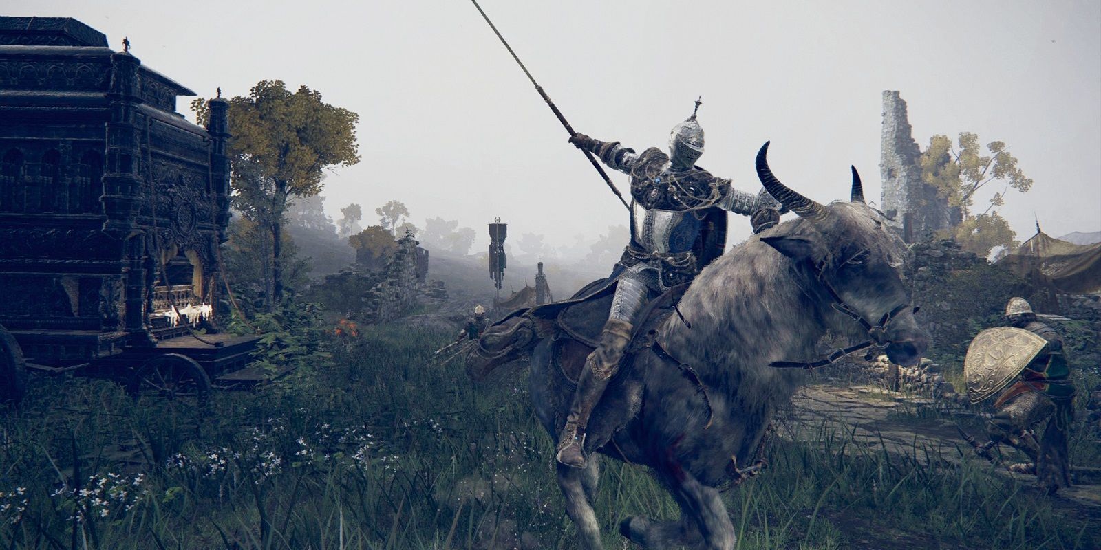 Elden Ring players participating in mounted combat while riding a horse.