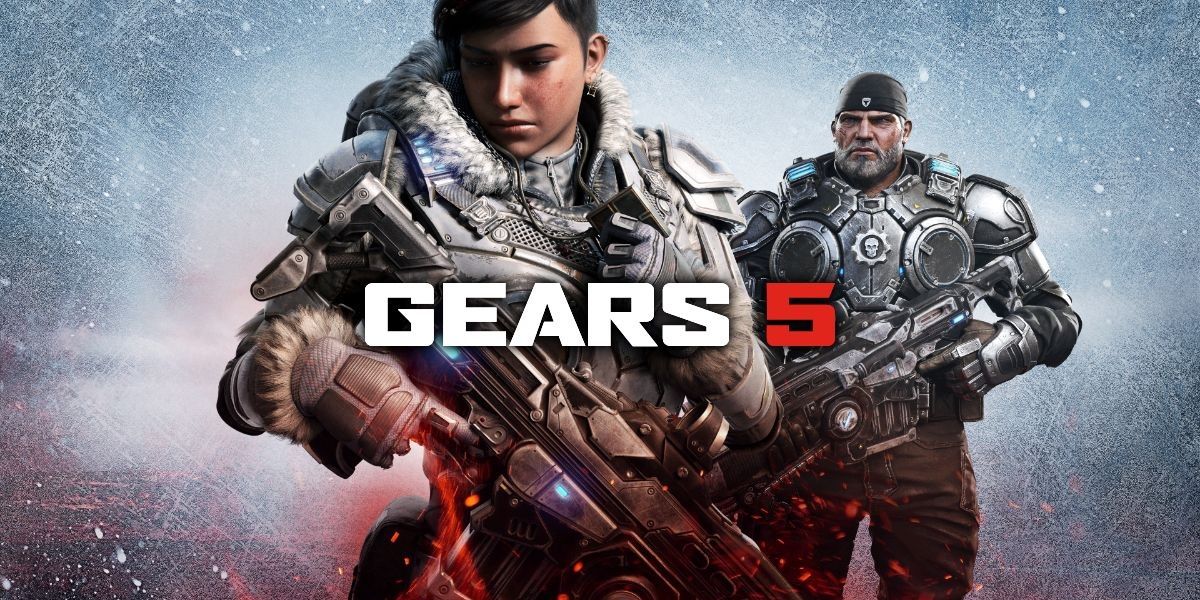 Gears 5 Banner Showing Main Female Character Up Front And Marcus Fenix Behind Her On The Right