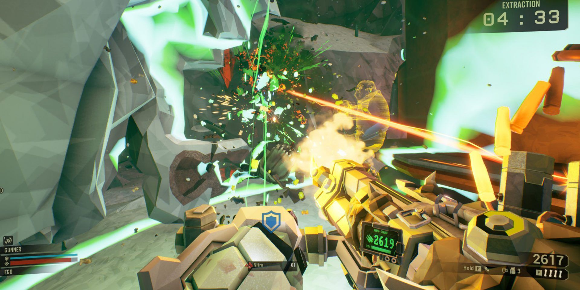 A Gunner in Deep Rock Galactic shooting bugs from the safety of a bubble shield while enemies are distracted