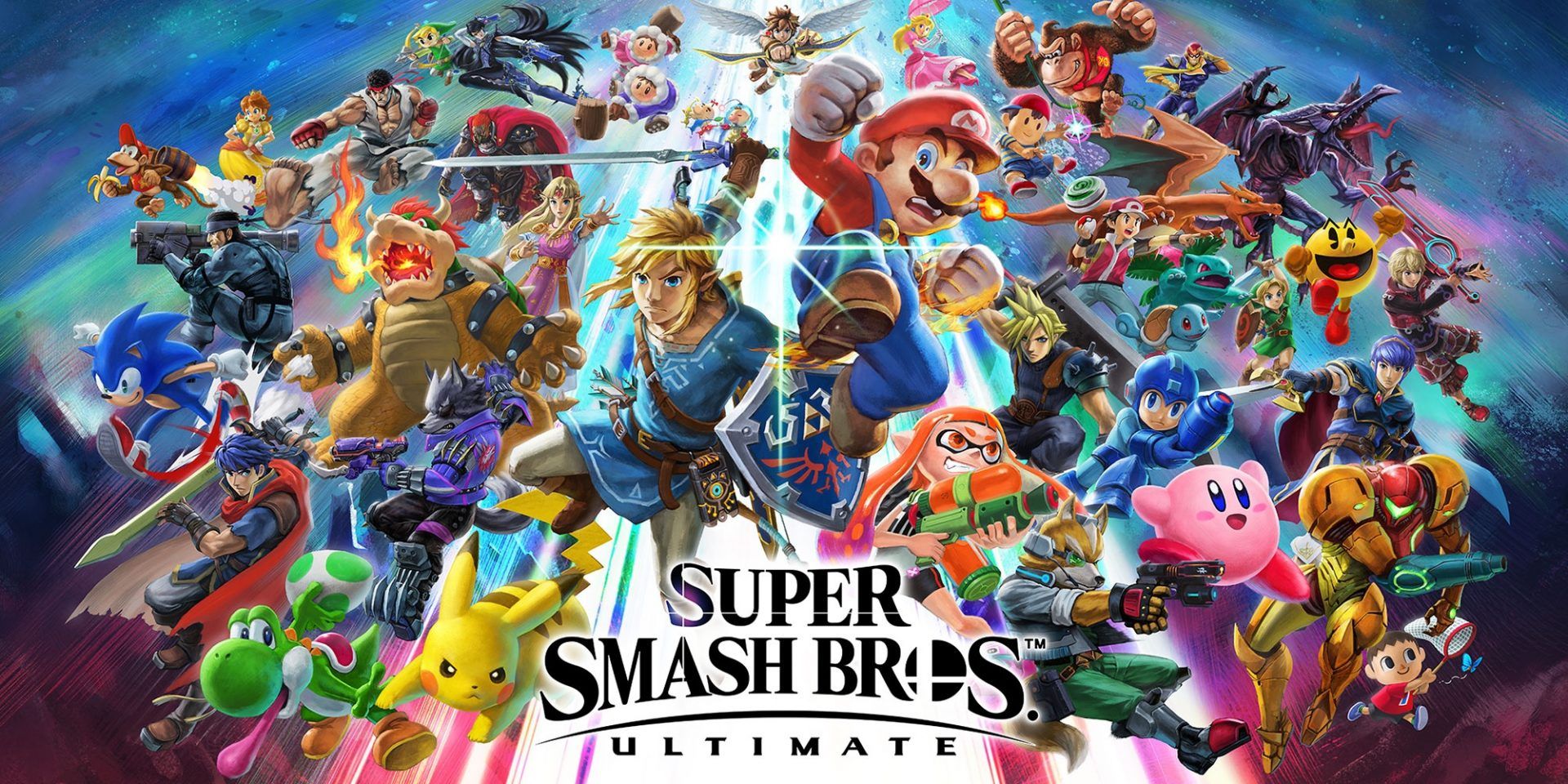 The full version of the official box art for Super Smash Bros. Ultimate, featuring Mario, Link, Inkling and more.