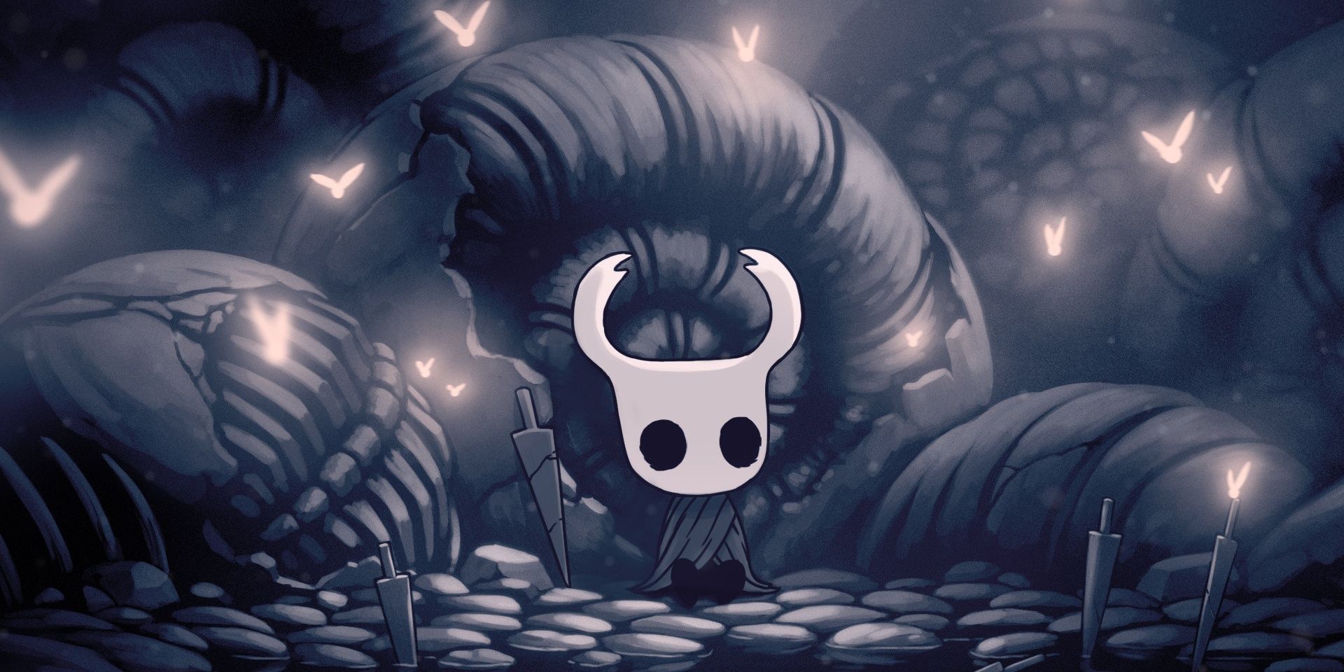 Hollow Knight sits alone surrounded by swords