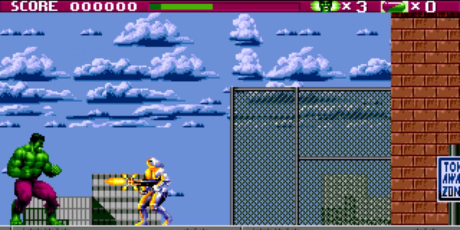 Hulk stares down an enemy soldier at the beginning of a level