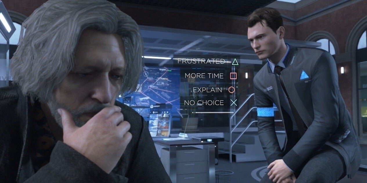 Connor choosing what to say as he stands nearby Hank in Detroit: Become Human.