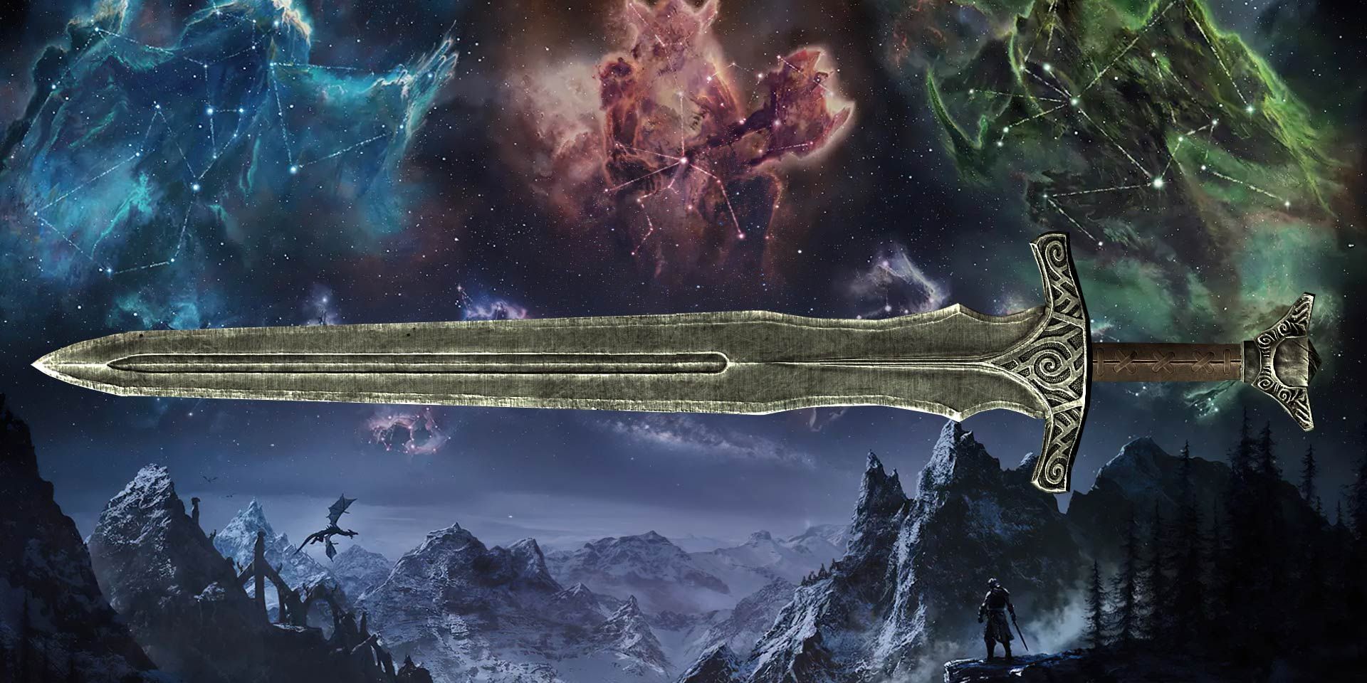 A Lunar Steel Sword among mountains and Elder Scrolls star signs.