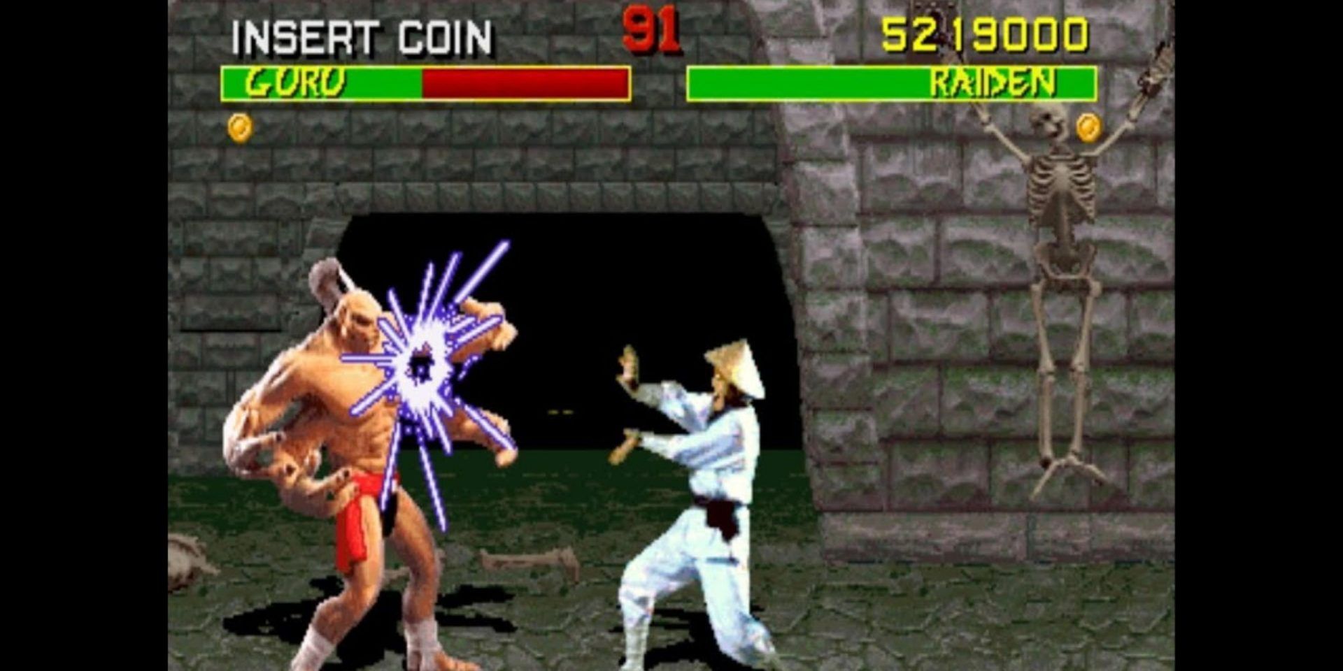 Raiden hits Goro with a burst of lightning 