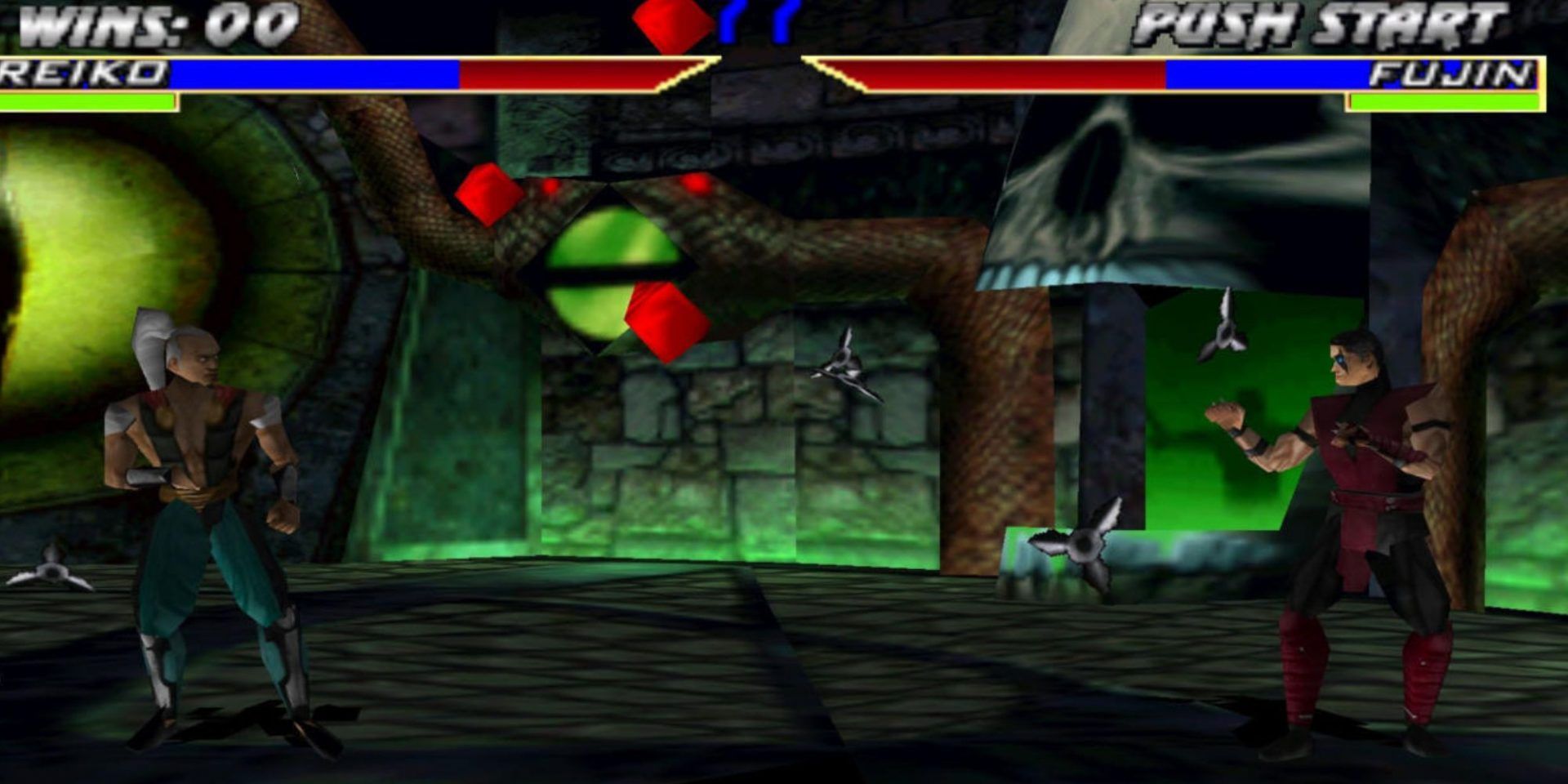 Reiko's shuriken's fly around Reptile's lair in his fight against Fujin