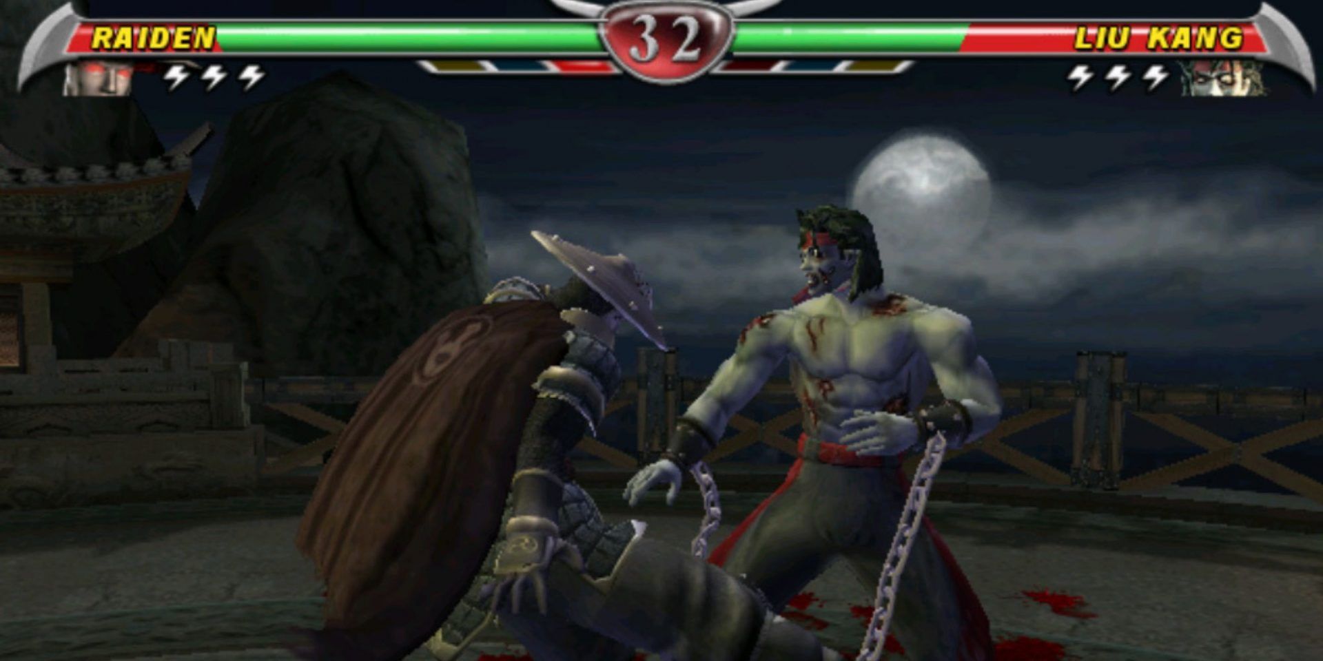 Raiden looks to win the second round against Liu Kang who is now a zombie.