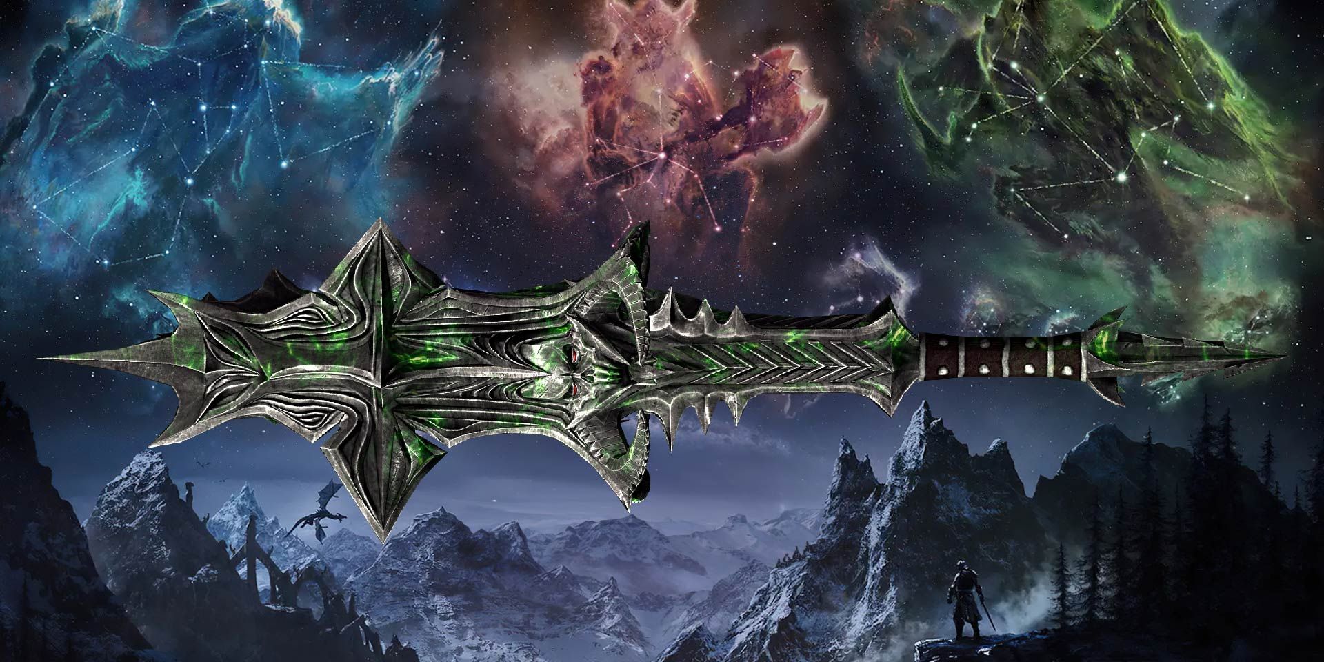 The Mace of Molag Bal among mountains and Elder Scrolls star signs.