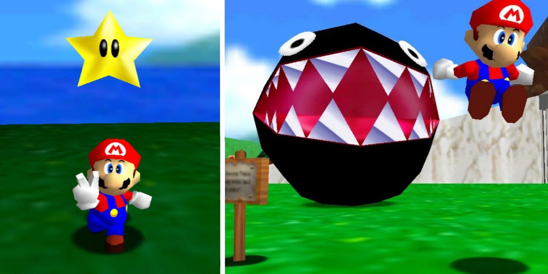 Mario Collecting Star and Mario Jumping Away From Chain Chomp
