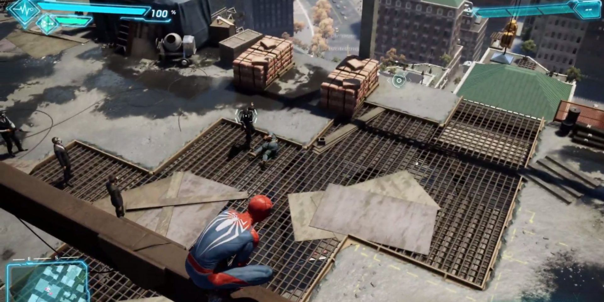 Spider-Man sits perched atop a steel beam at a construction site peering down at Mr. Negative's goons