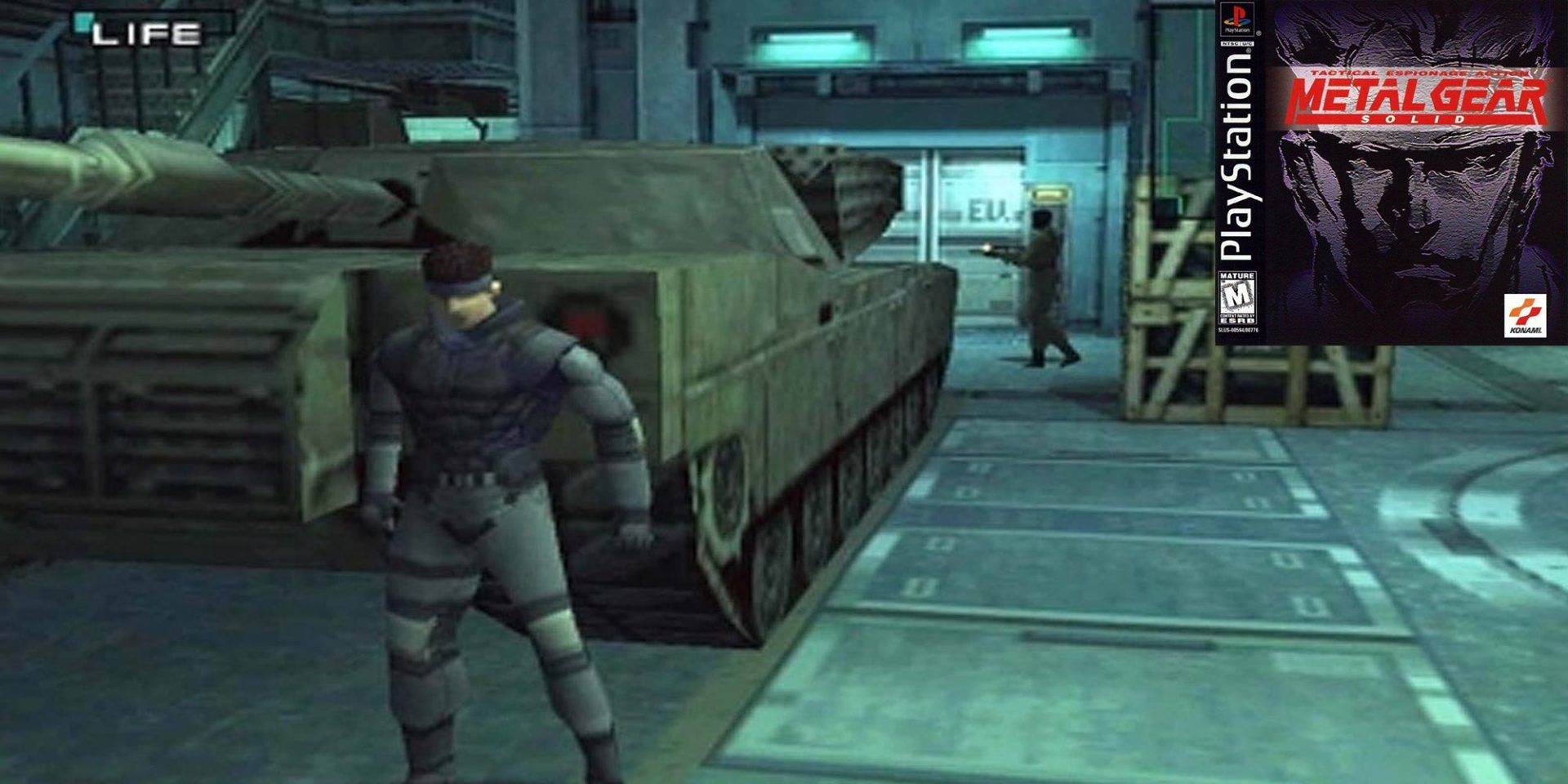 Screenshot from Metal Gear Solid PS1, with the game's cover in the top right corner.