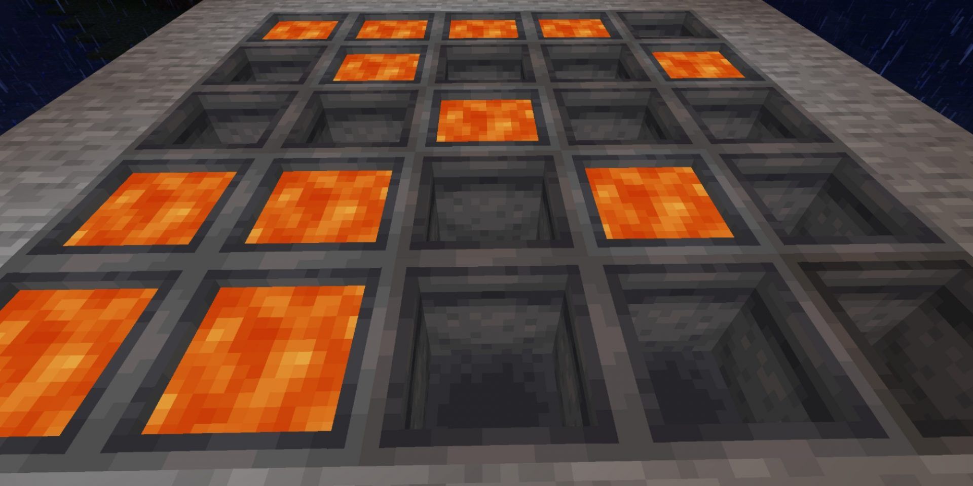 Minecraft - grid of lava cauldrons