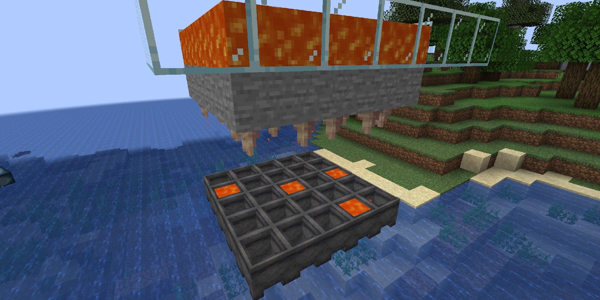 Minecraft - lava pool dripping lava into grid of cauldrons over a lake