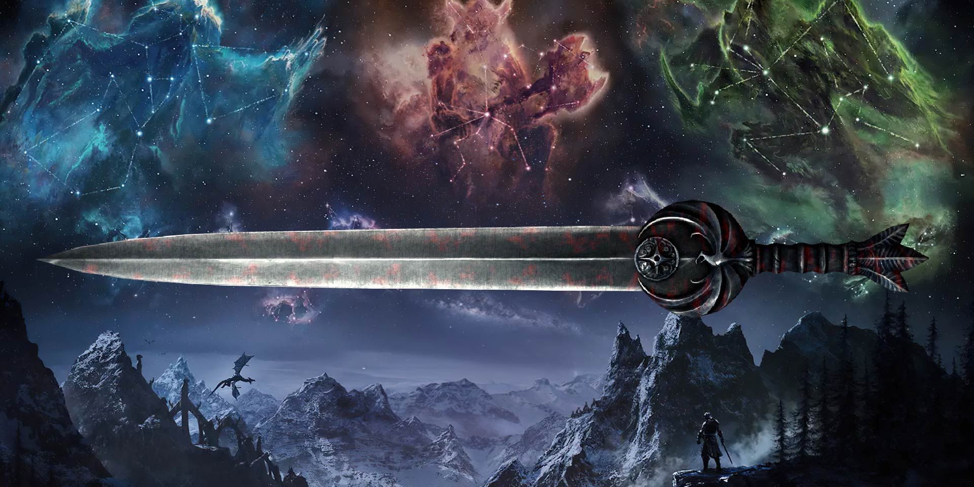 The Nightingale Blade among mountains and Elder Scrolls star signs.