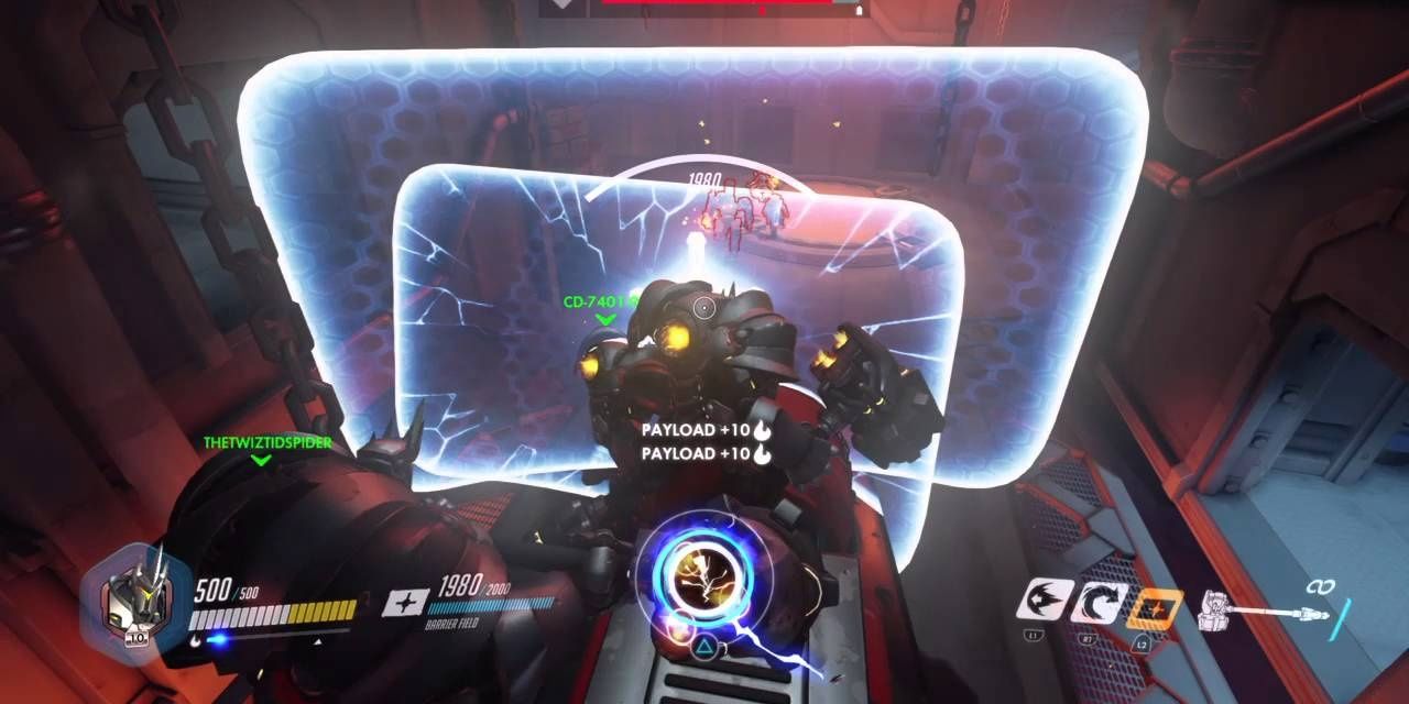 Reinhardt is on the payload with his shield active