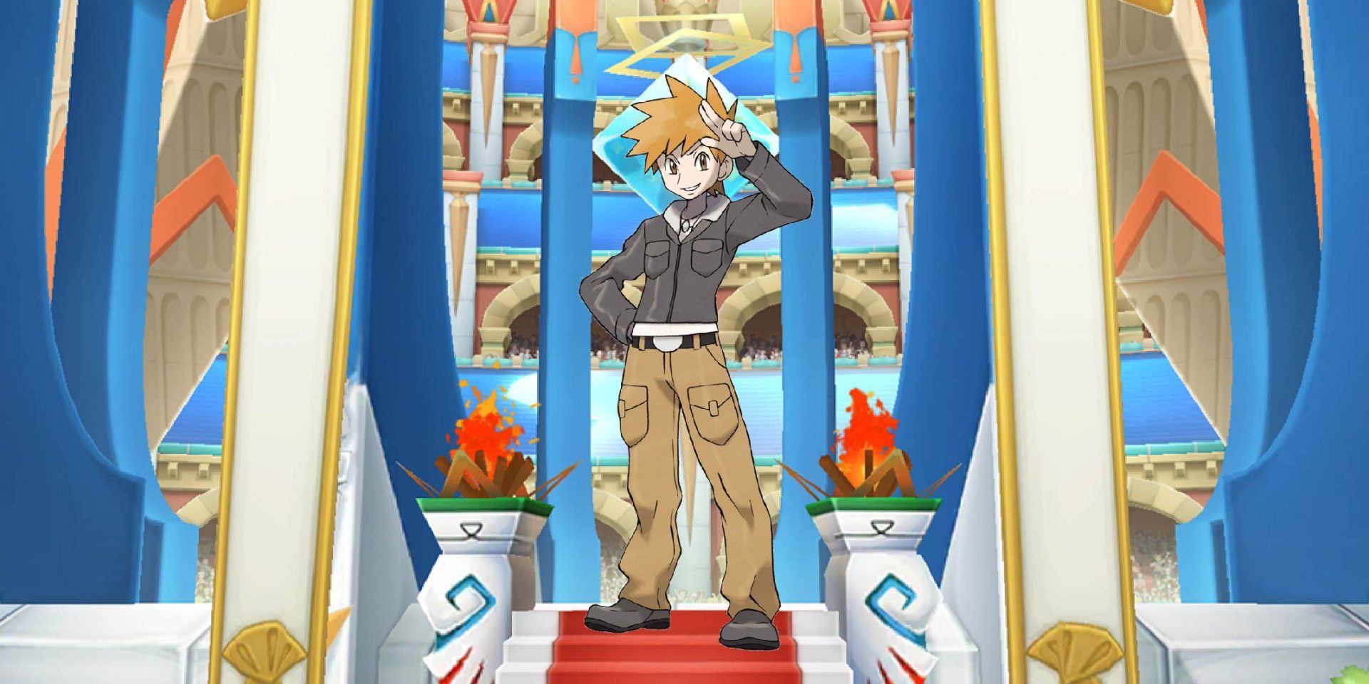Blue from Pokémon standing against an arena backdrop.