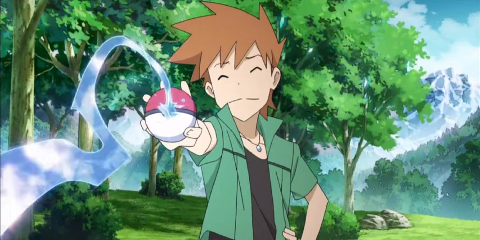 Blue from Pokémon looking cheeky as he releases one of his Pokémon.